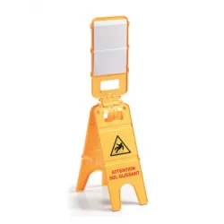 Panneau de signalisation «ATTENTION SOL GLISSANT» à trois parties, avec porte-document